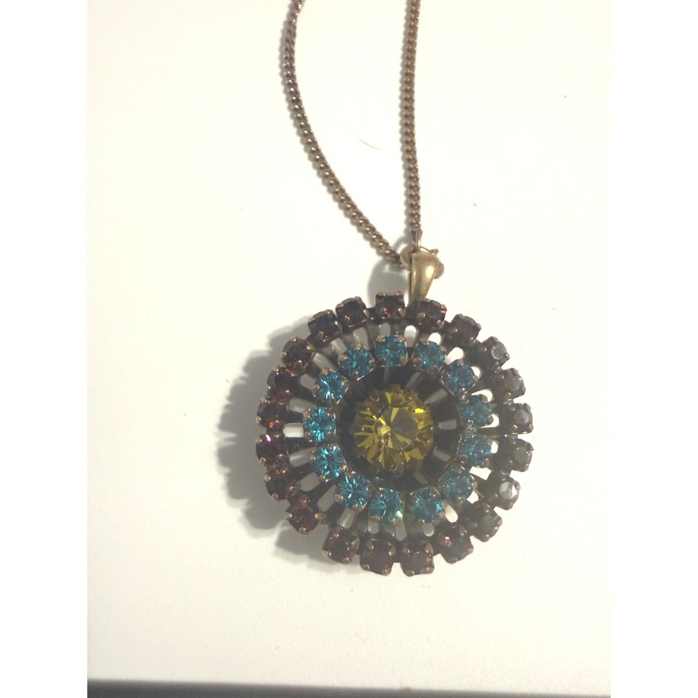 Pilgrim Danish Design Rhinestone Sunburst Pendant‎ Necklace Gold Tone Blue Amber